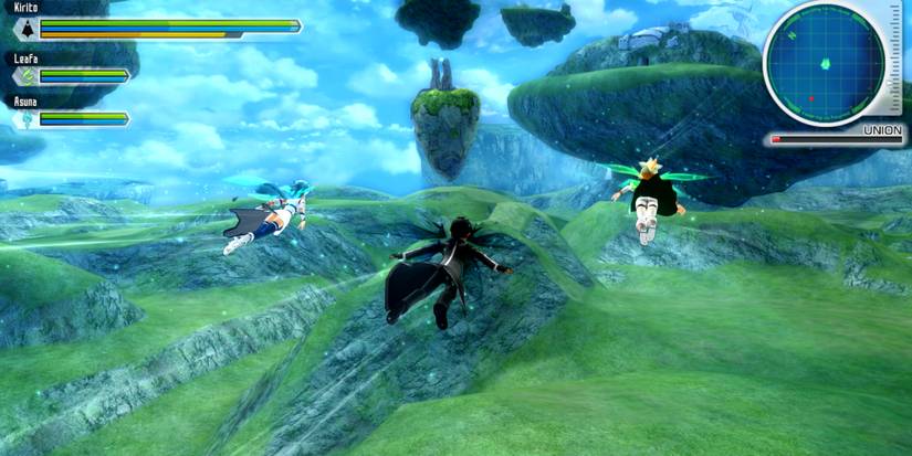 Kirito and companions flying through the skies of ALfheim