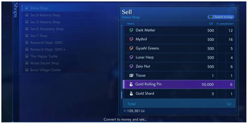 Selling the Gold Rolling Pin in Crisis Core: Final Fantasy 7 Reunion