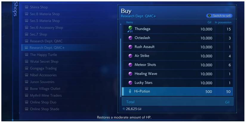 Hi-Potions in Crisis Core: Final Fantasy 7 Reunion