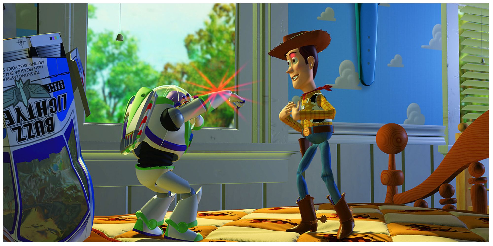 Buzz Lightyear firing a laser at Woody on Andy's bed in Toy Story