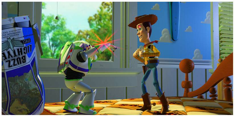 Buzz Lightyear firing a laser at Woody on Andy's bed in Toy Story