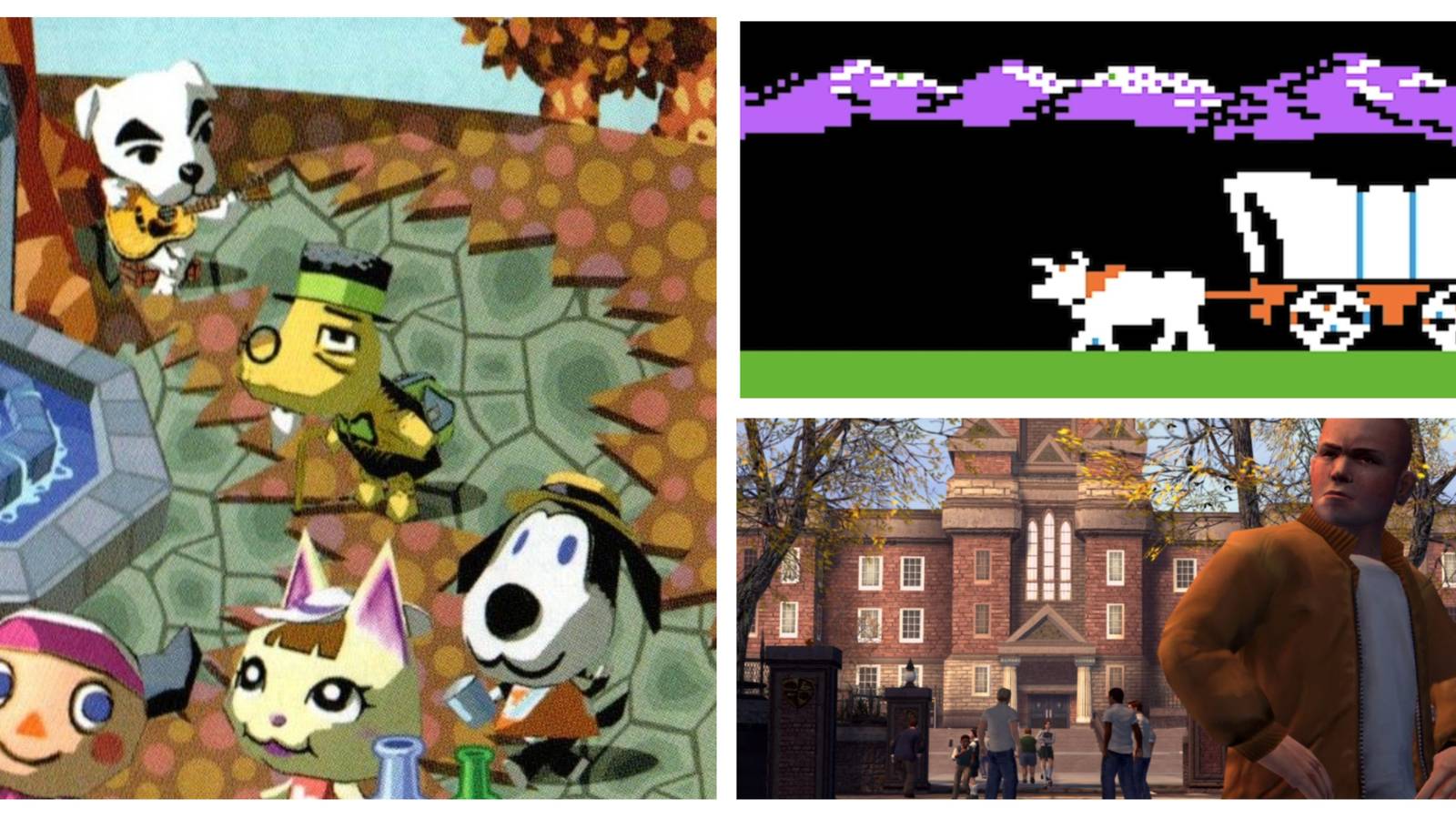 Left: Animal characters from Animal Crossing, outside by a well in the Fall. Top-right: a covered wagon pulled by a white bull against a dark background and purple mountains in The Oregon Trail. Bottom-right: Jimmy Hopkins in a brown jacket, standing in front of Bullworth Academy from Bully.