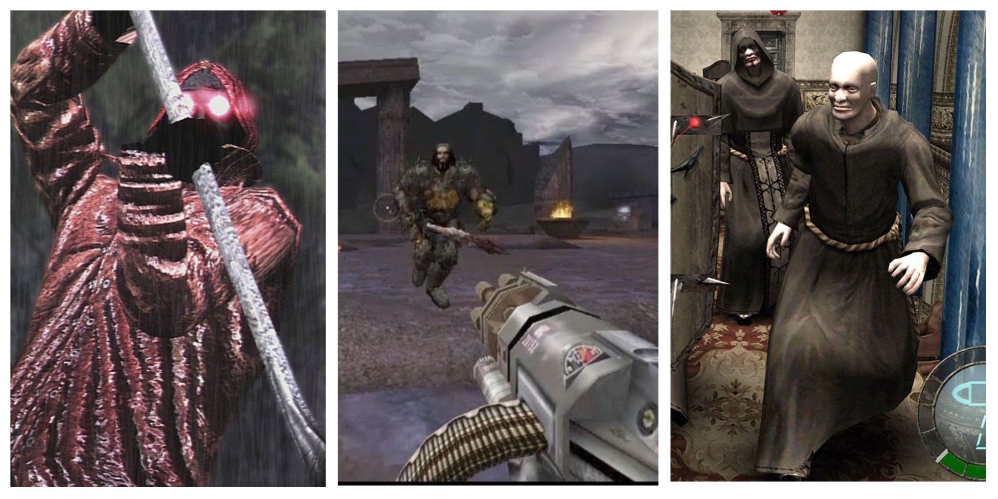 Left: The Raincoat Killer from Deadly Premonition. Middle: A gatling gun aiming at an undead warrior in Return to Castle Wolfenstein. Right: Two pale cultists in dark robes from Resident Evil 4.