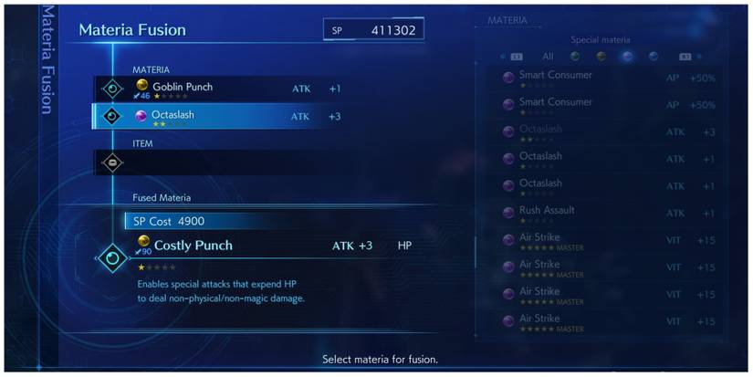 Materia Fusion creates Costly Punch in Crisis Core: Final Fantasy 7 Reunion