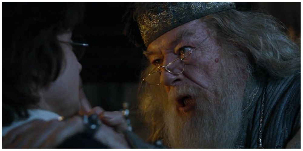 Daniel Radcliffe as Harry Potter and Michael Gambon as Albus Dumbledore