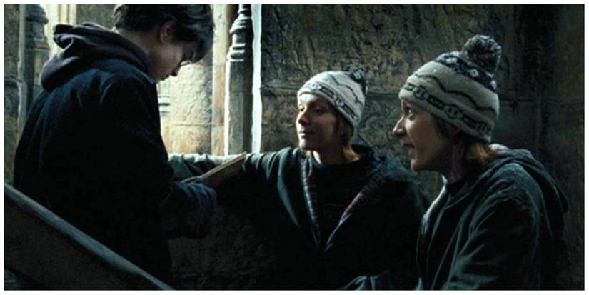 Daniel Radcliffe as Harry Potter. James and Oliver Phelps as Fred and George Weasley.