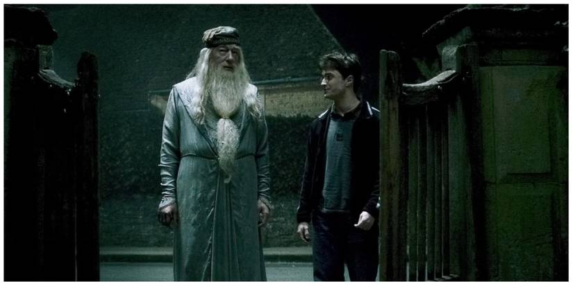 Michael Gambon as Albus Dumbledore. Daniel Radcliffe as Harry Potter.
