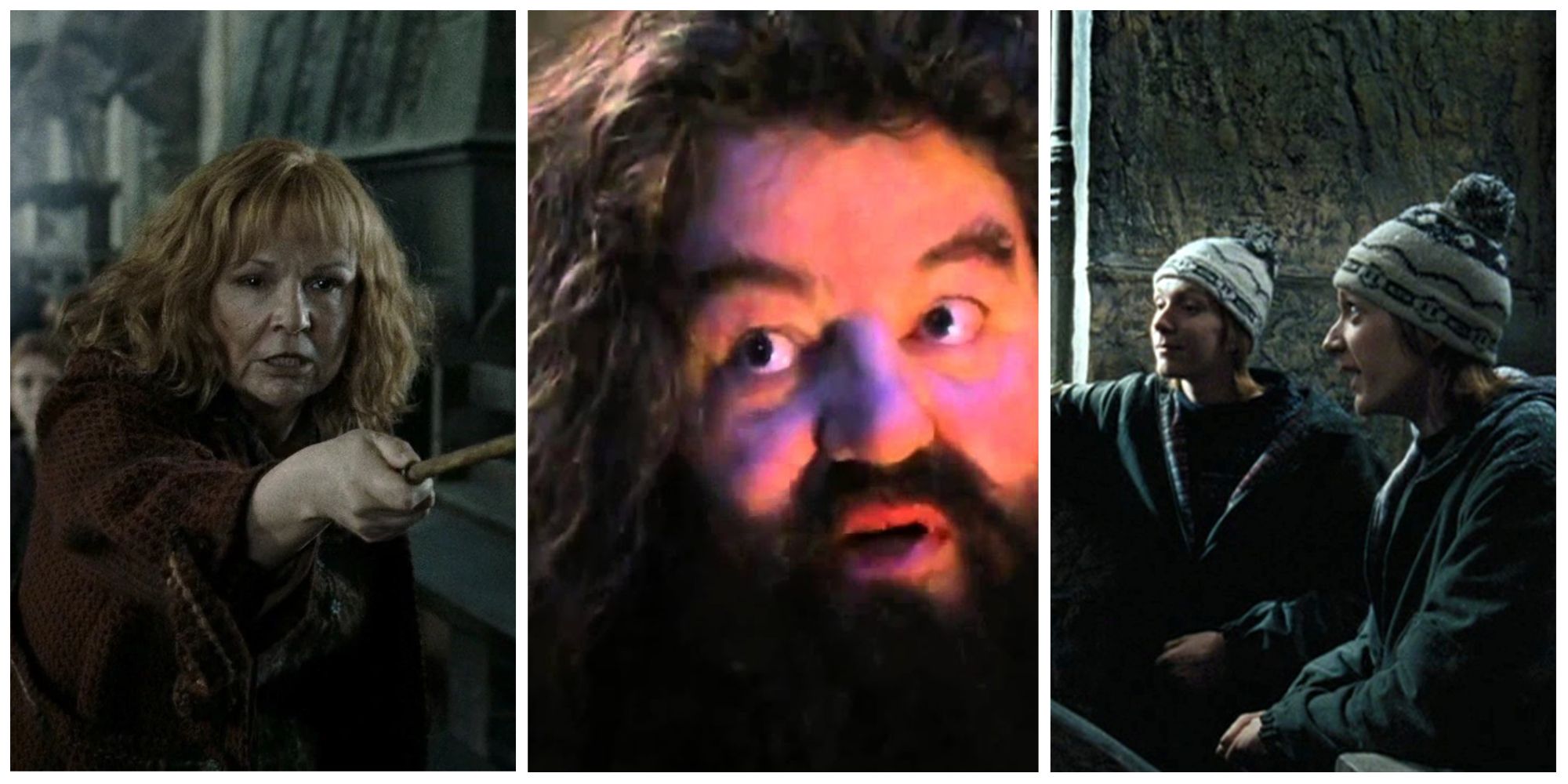 Julie Walters as Molly Weasley. Robbie Coltrane as Rubeus Hagrid. James and Oliver Phelps as Fred and George Weasley.