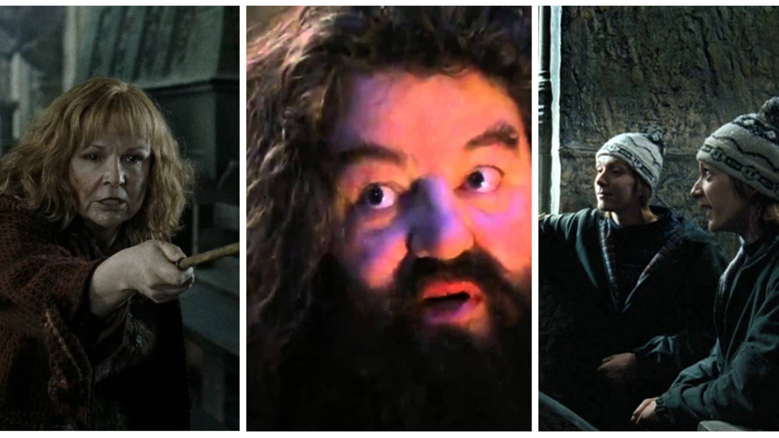 Julie Walters as Molly Weasley. Robbie Coltrane as Rubeus Hagrid. James and Oliver Phelps as Fred and George Weasley.