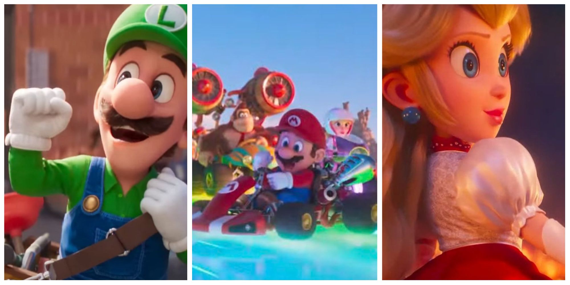 luigi, mario on rainbow road, fire power-up princess peach in the super mario bros movie