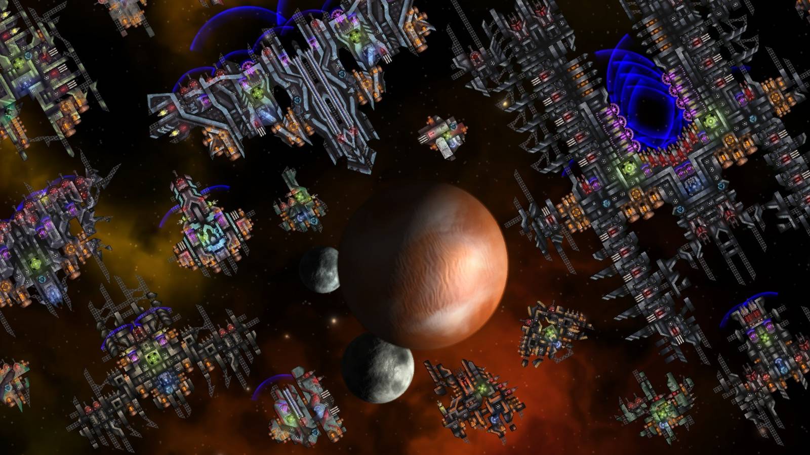 Many space ships of various sizes in Cosmoteer