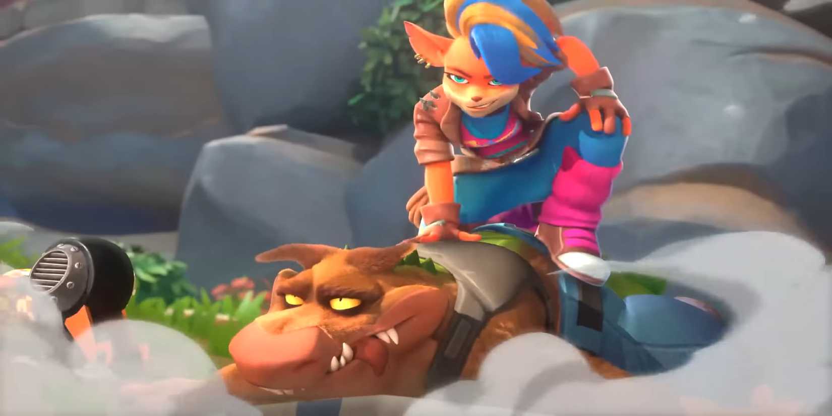 Tawna landing on Dingodile in the Crash Team Rumble announcement trailer.