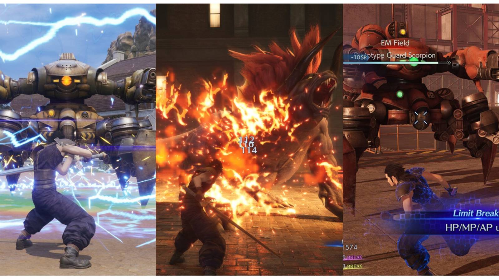 split image of three battle scenes in Crisis Core: Final Fantasy 7 Reunion