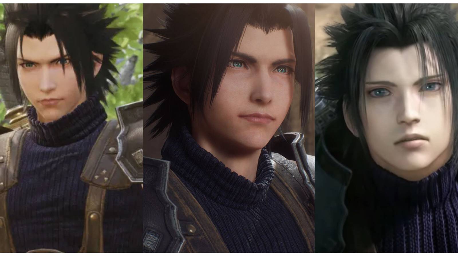 split image of three different views of Zack in Crisis Core: Final Fantasy 7 Reunion