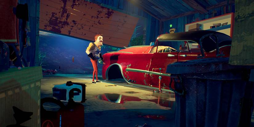 crouching behind a bin in a garage