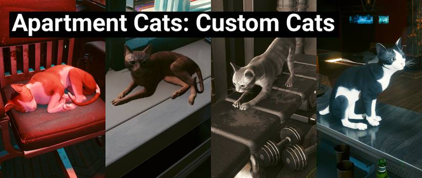 Image from a Cyberpunk 2077 mod showing a series of cats.