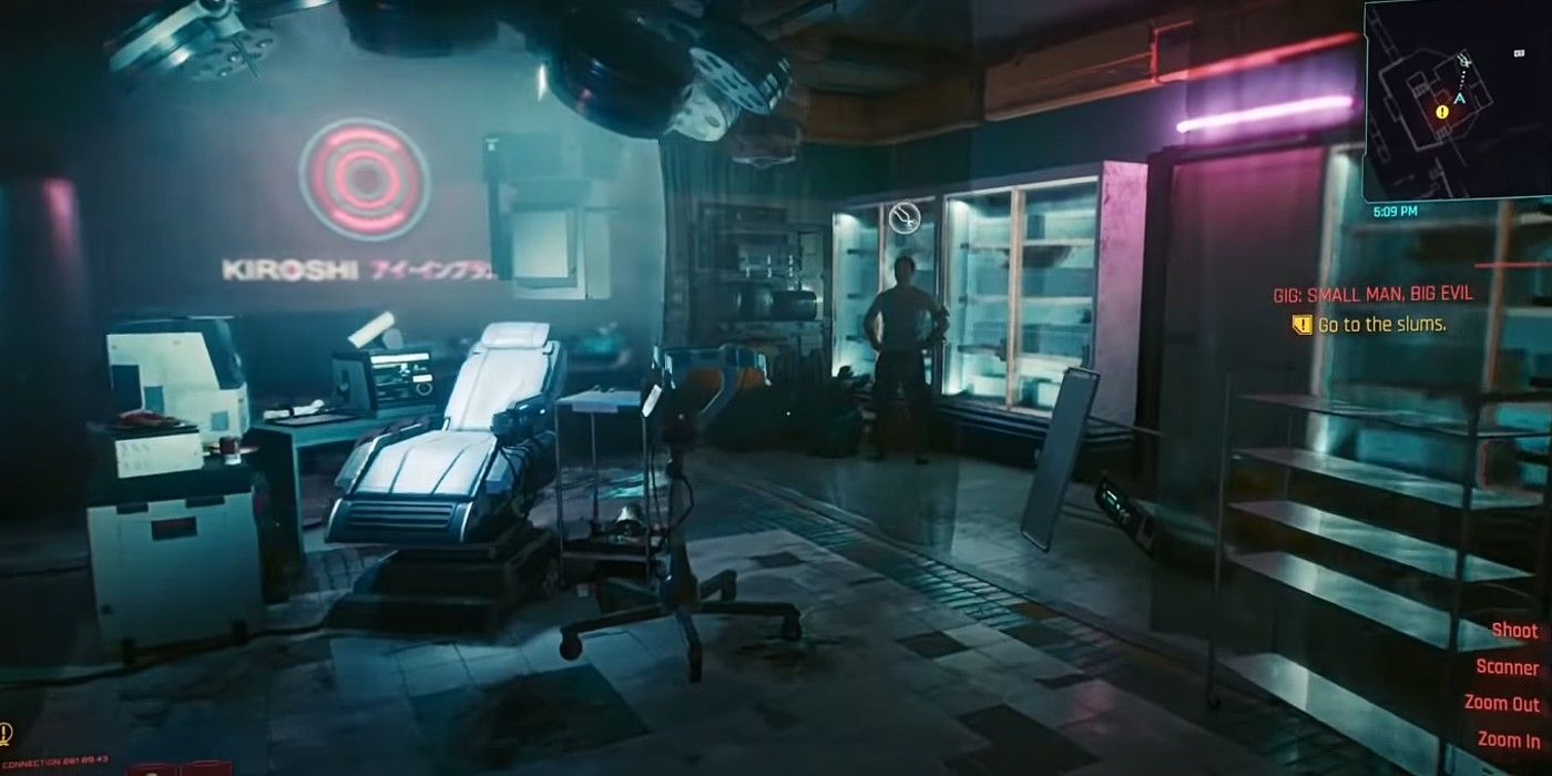 Cyberpunk 2077 Secret Ripperdoc standing in shop with Kiroshi sign