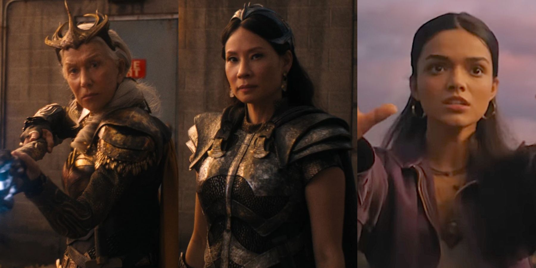 A split image features Helen Mirren, Lucy Liu, and Rachel Zegler in Shazam: Fury Of The Gods