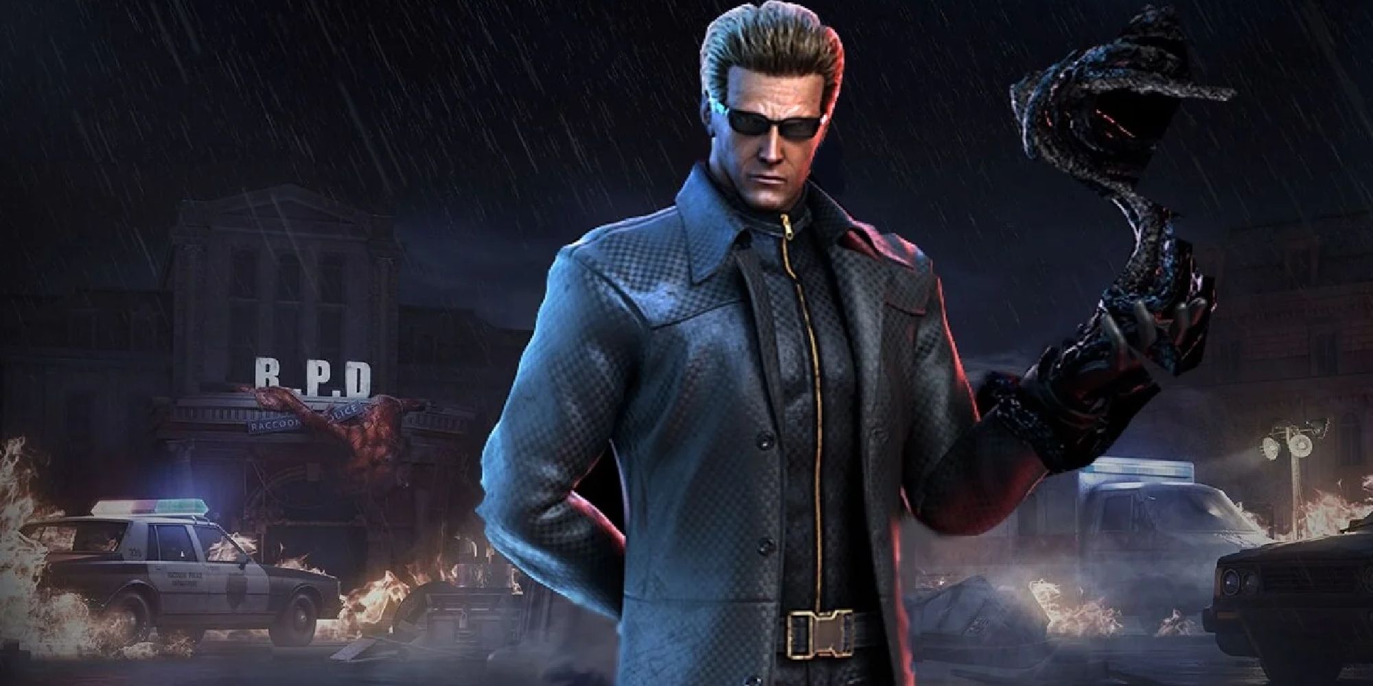 Albert Wesker as featured in the Project W DLC, one hand behind his back, the other summoning ouroborus tentacles 