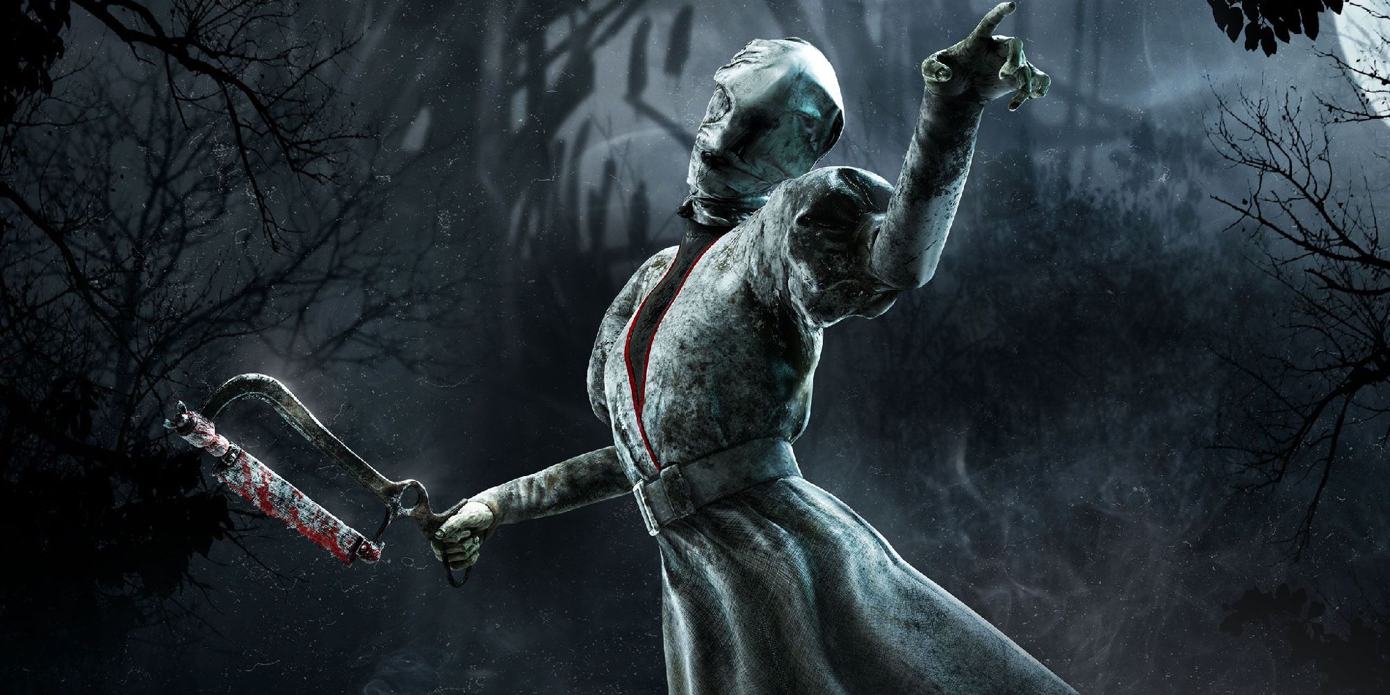 The Nurse from Dead by Daylight hovers in a moonlit woodland, preparing her special blink attack. 