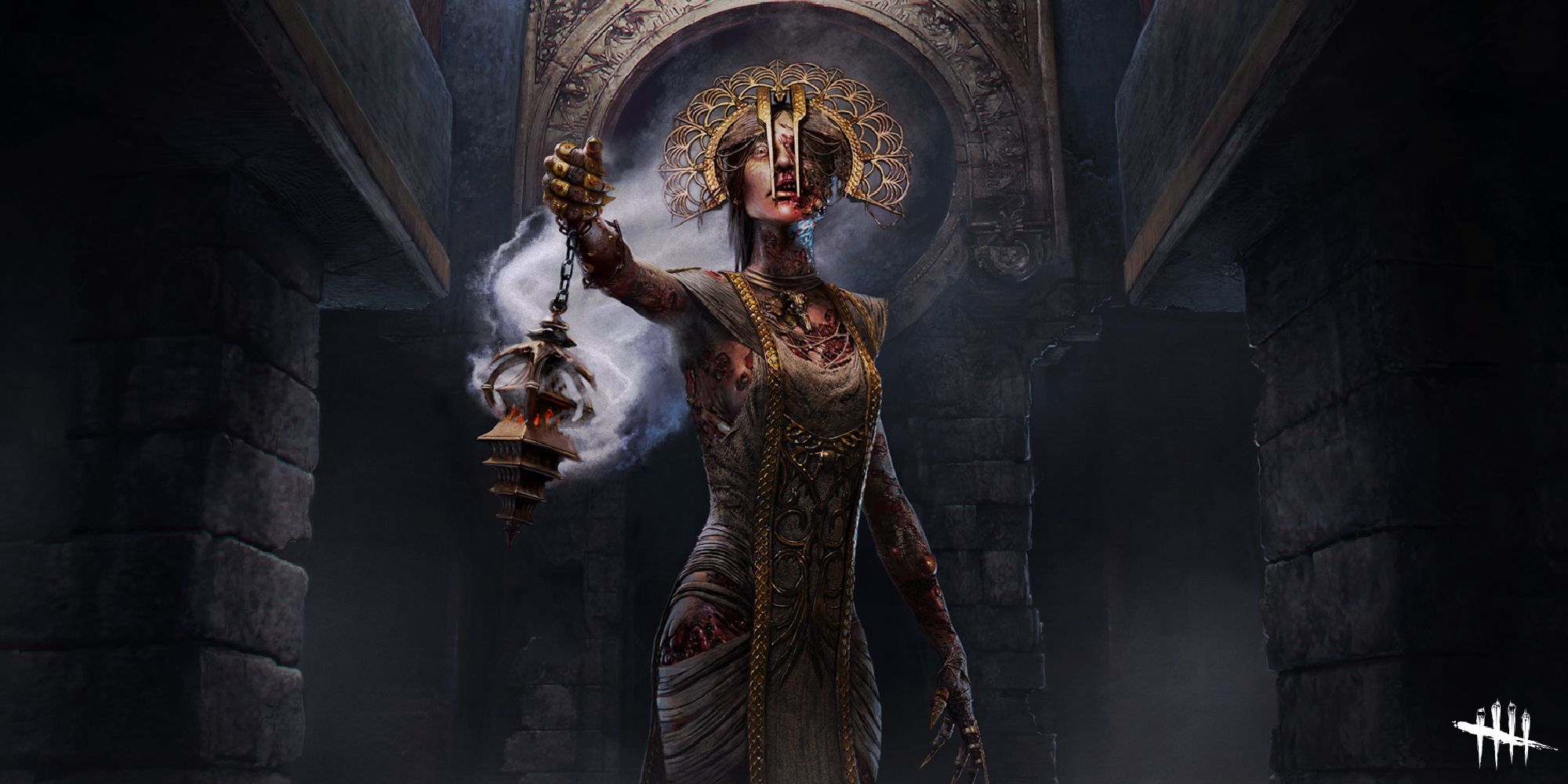 The Plague standing in a darkened temple, holding her weapon as she looks down at the viewer