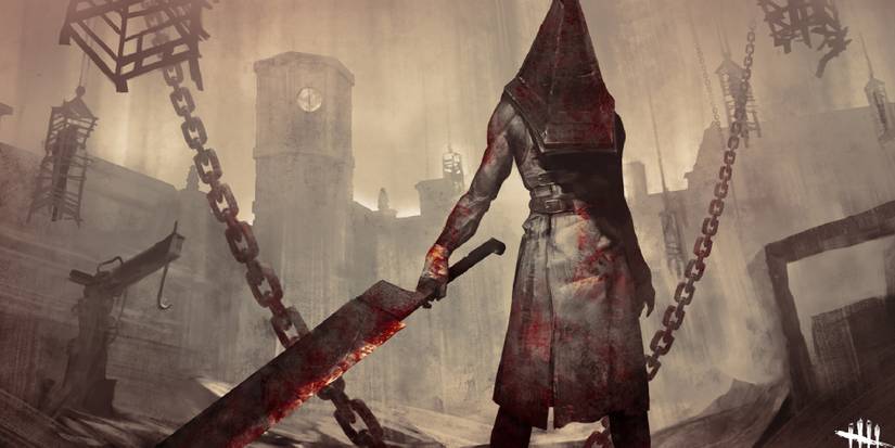 Pyramid Head standing in the courtyard of Midwich, hooks and chains rusting in the background