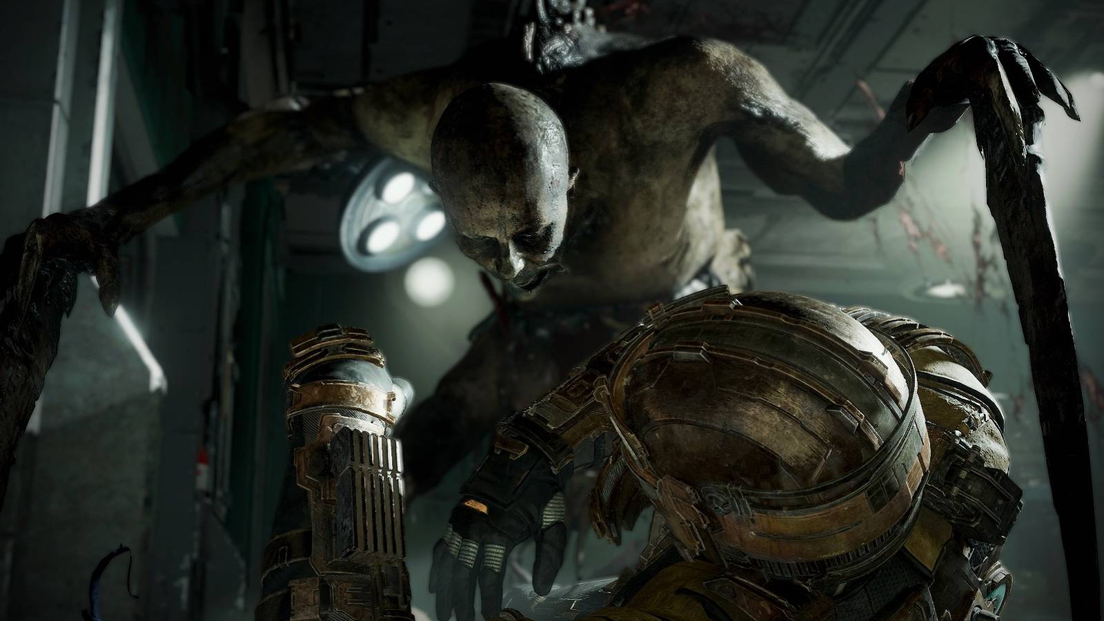 Image from the Dead Space remake showing a downed Isaac Clarke about to get attacked by a Necromorph.