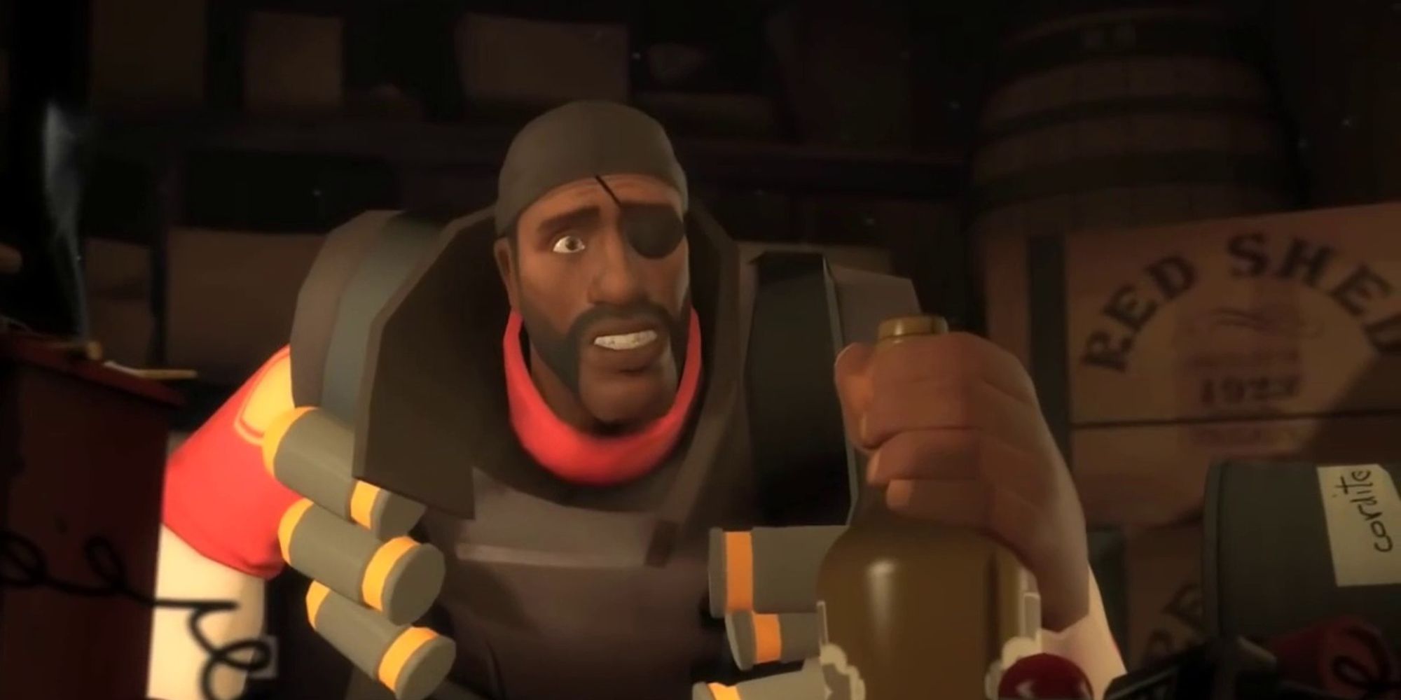 Demoman from Team Fortress 2 holding a beer bottle