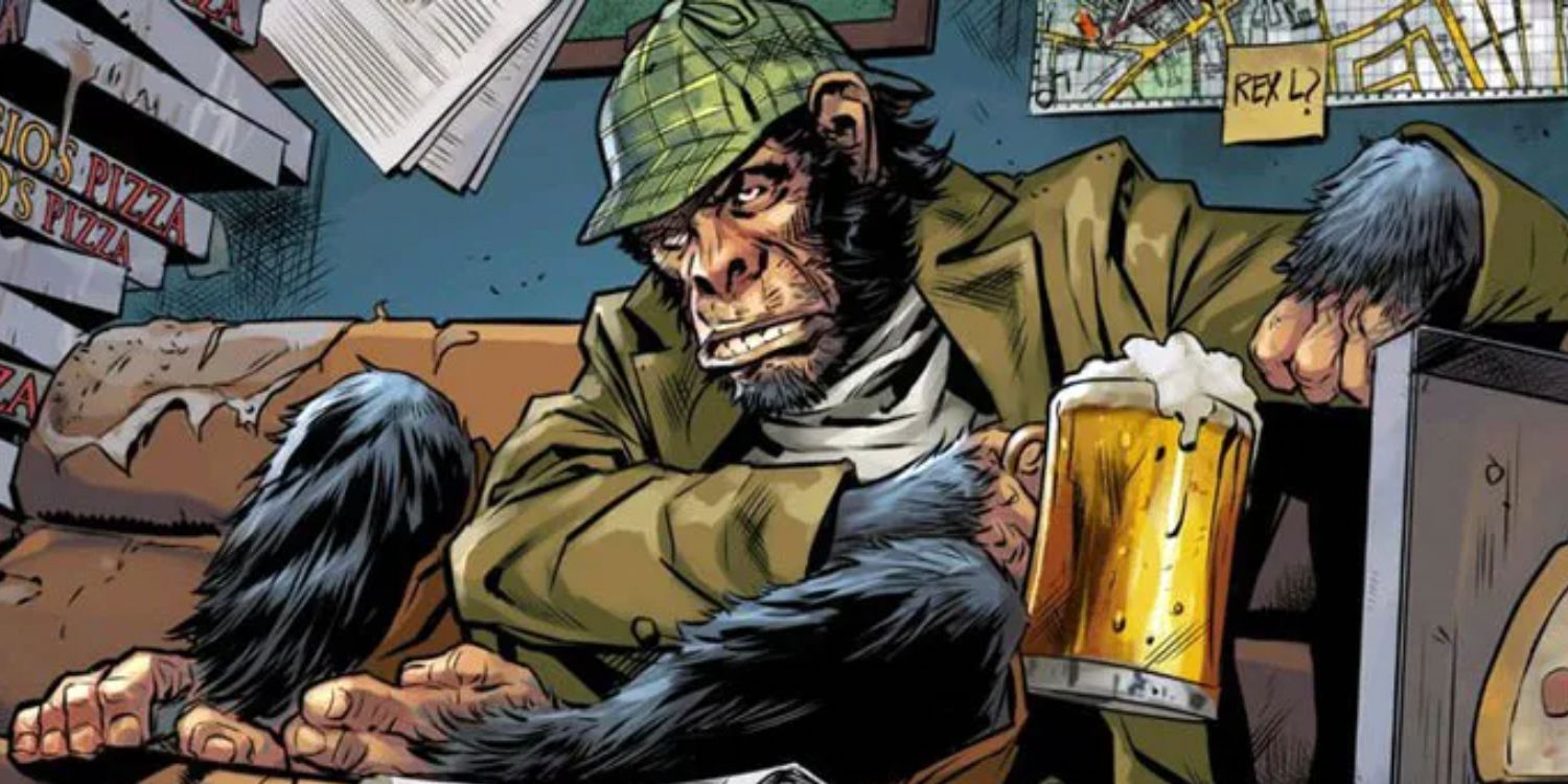 Detective Chimp with a mug of beer in DC Comics