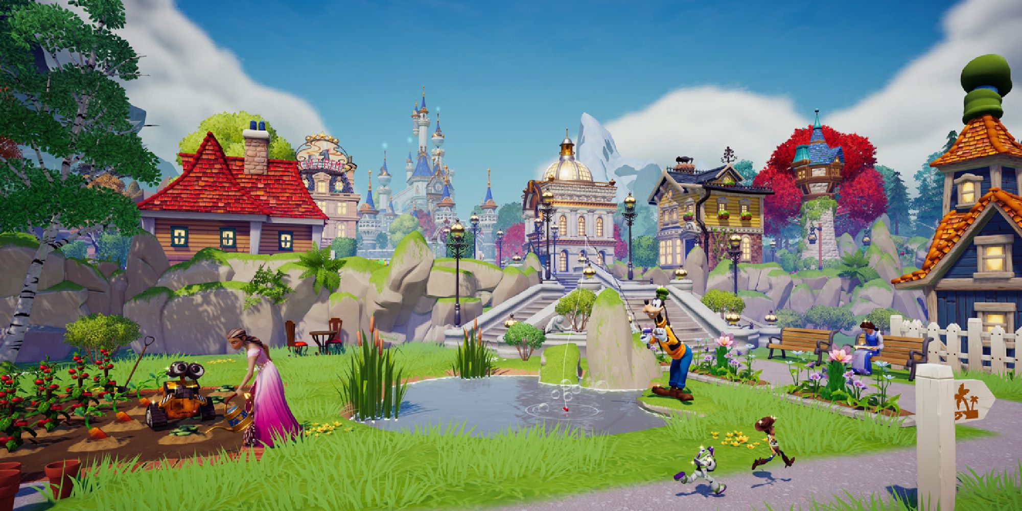 A screenshot of Disney's Dreamlight Valley, showing its bright colorful world and some signature Disney characters