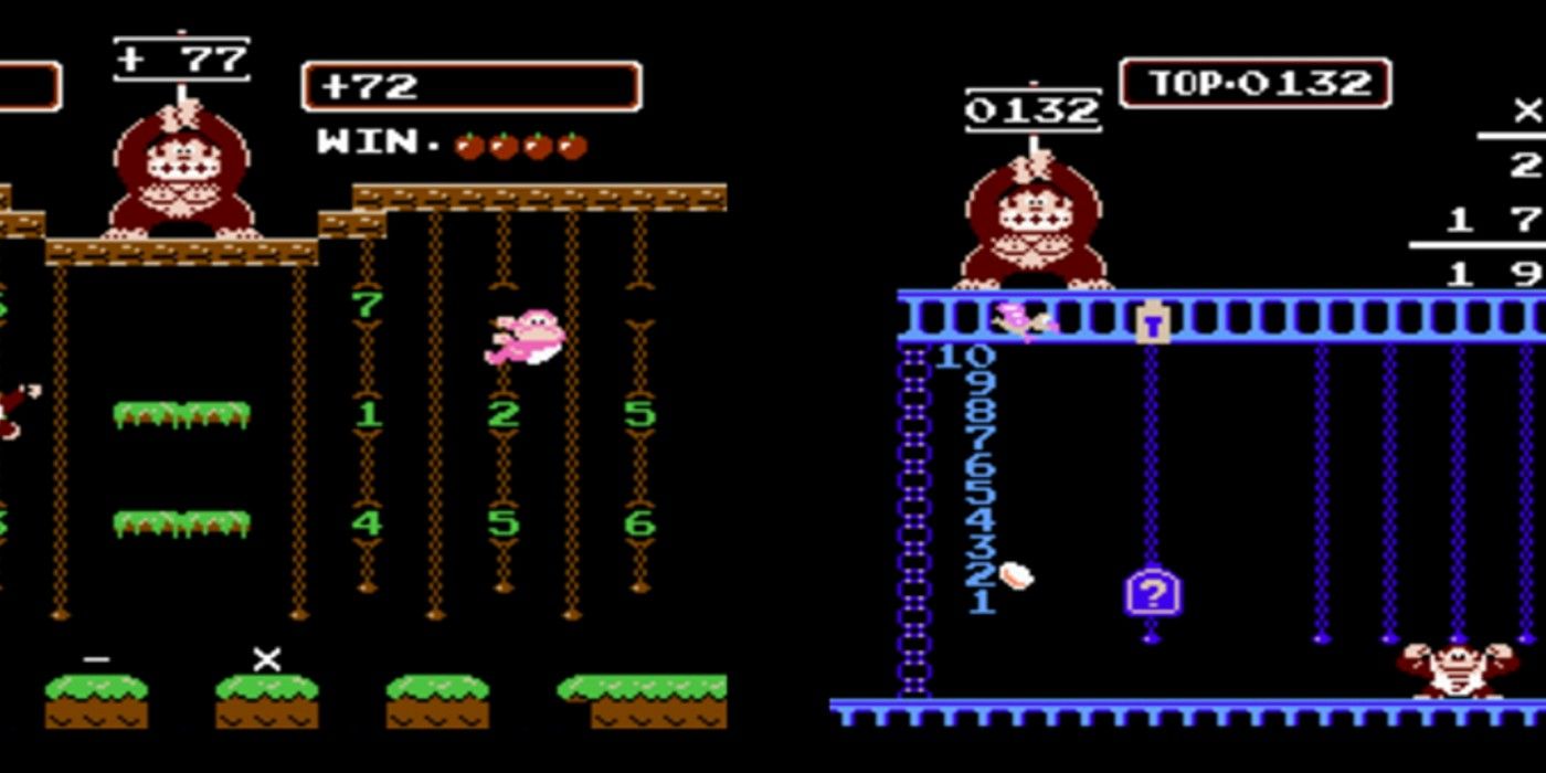 Donkey Kong Jr Math NES split screen of chain climbing stages