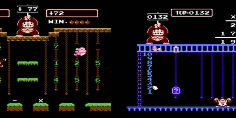 Donkey Kong Jr Math NES split screen of chain climbing stages