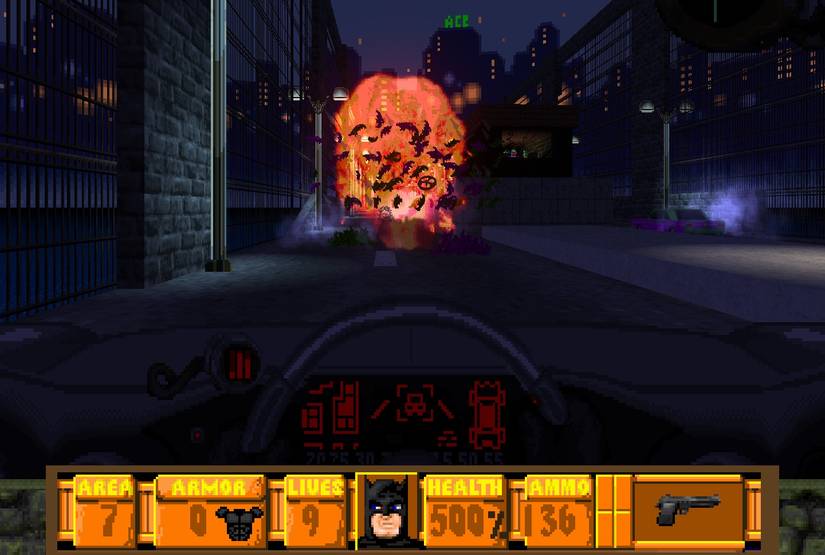 Screenshot from a Batman-themed Doom 2 mod showing a first-person perspective from the Batmobile.