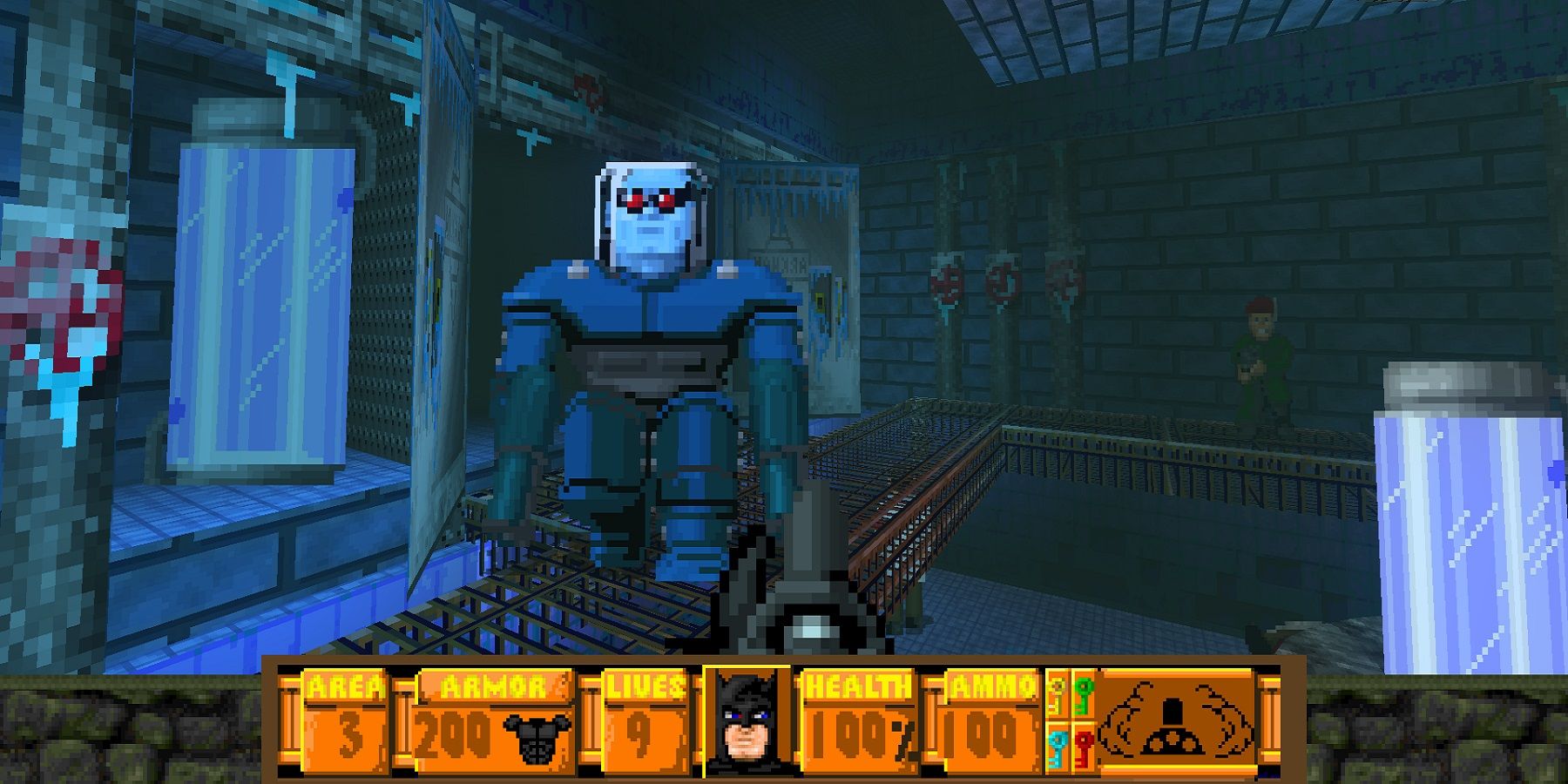 Image from a Doom 2 mod showing Mr. Freeze in the classic id Software game's visual style.