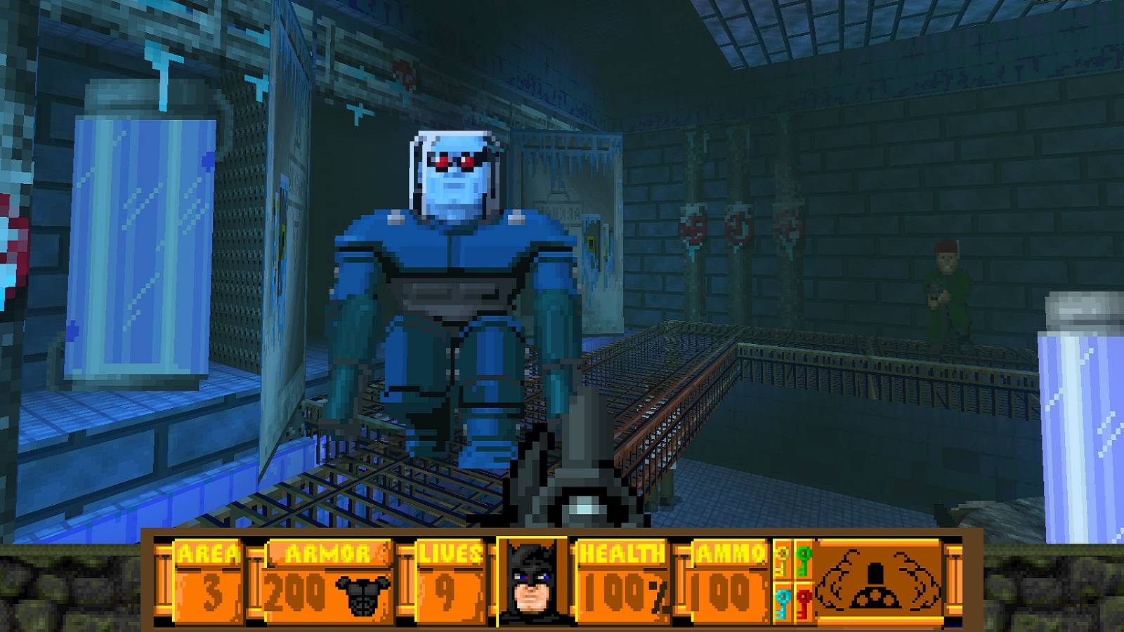 Image from a Doom 2 mod showing Mr. Freeze in the classic id Software game's visual style.