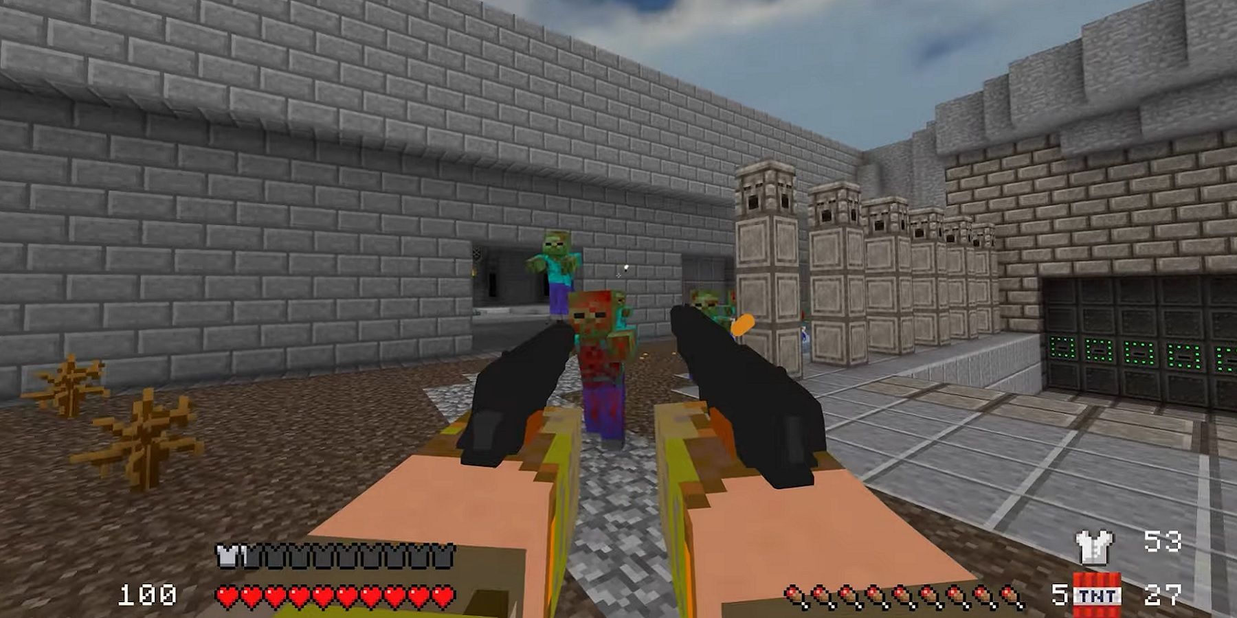 Screenshot from a Doom 2 mod showing the player shooting zombies in a Minecraft world.