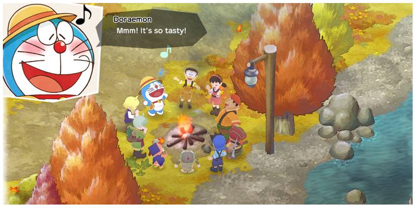 Doraemon and crew around a campfire in Doraemon Story of Seasons: Friends of the Great Kingdom