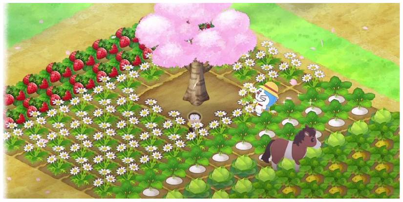 Noby and Doraemon in the field with the crops in Doraemon Story of Seasons: Friends of the Great Kingdom
