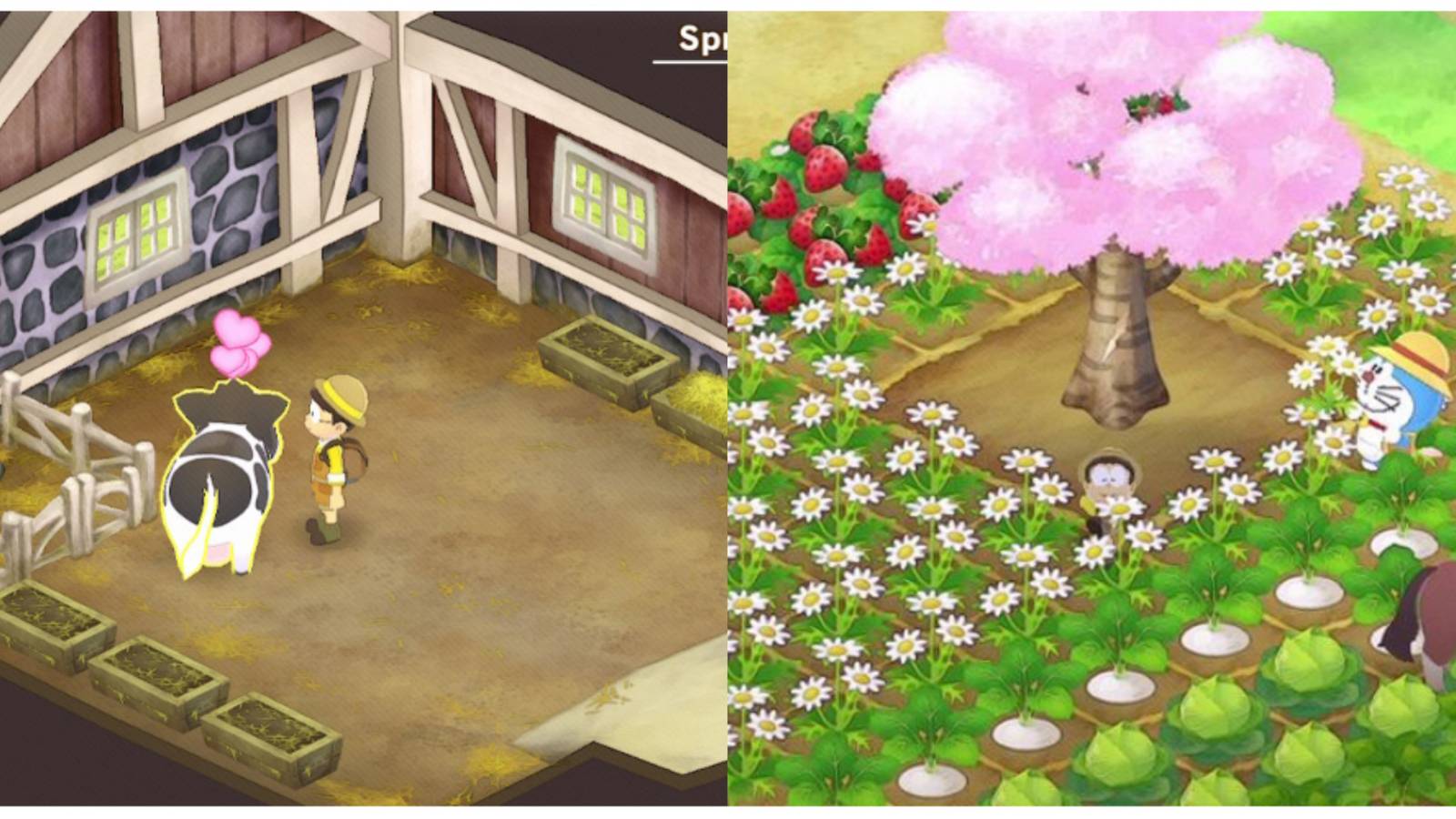 split image of Noby with a cow and Noby in the field with Doraemon in Doraemon Story of Seasons: Friends of the Great Kingdom