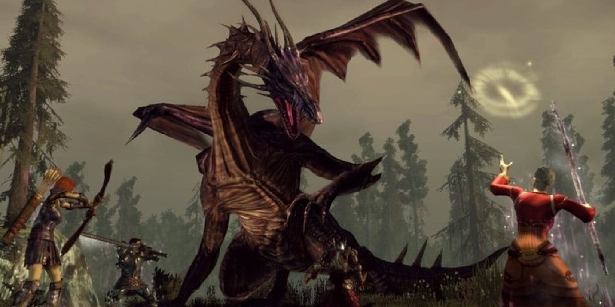 Three of the companions take part in a battle against a fearsome purple dragon, wielding spells, swords and arrows.