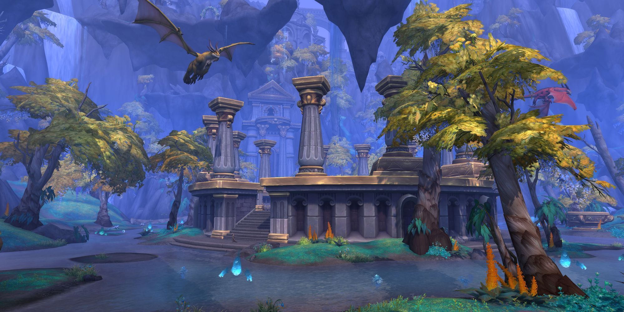 A bronze dragon flies above a Titan structure in World of Warcraft: Dragonflight
