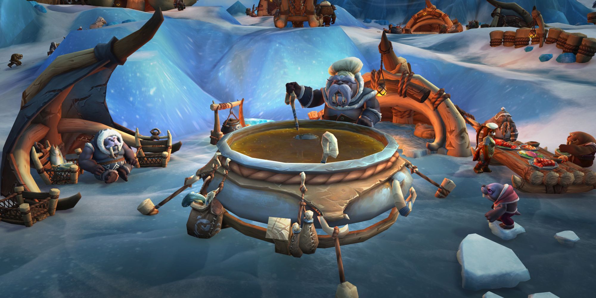 A tuskaar cooks in a stew pot in a tuskaar village in World of Warcraft: Dragonflight