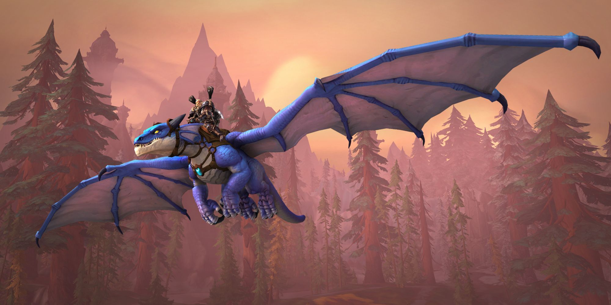 A human male warrior riding a dragon in World of Warcraft: Dragonflight