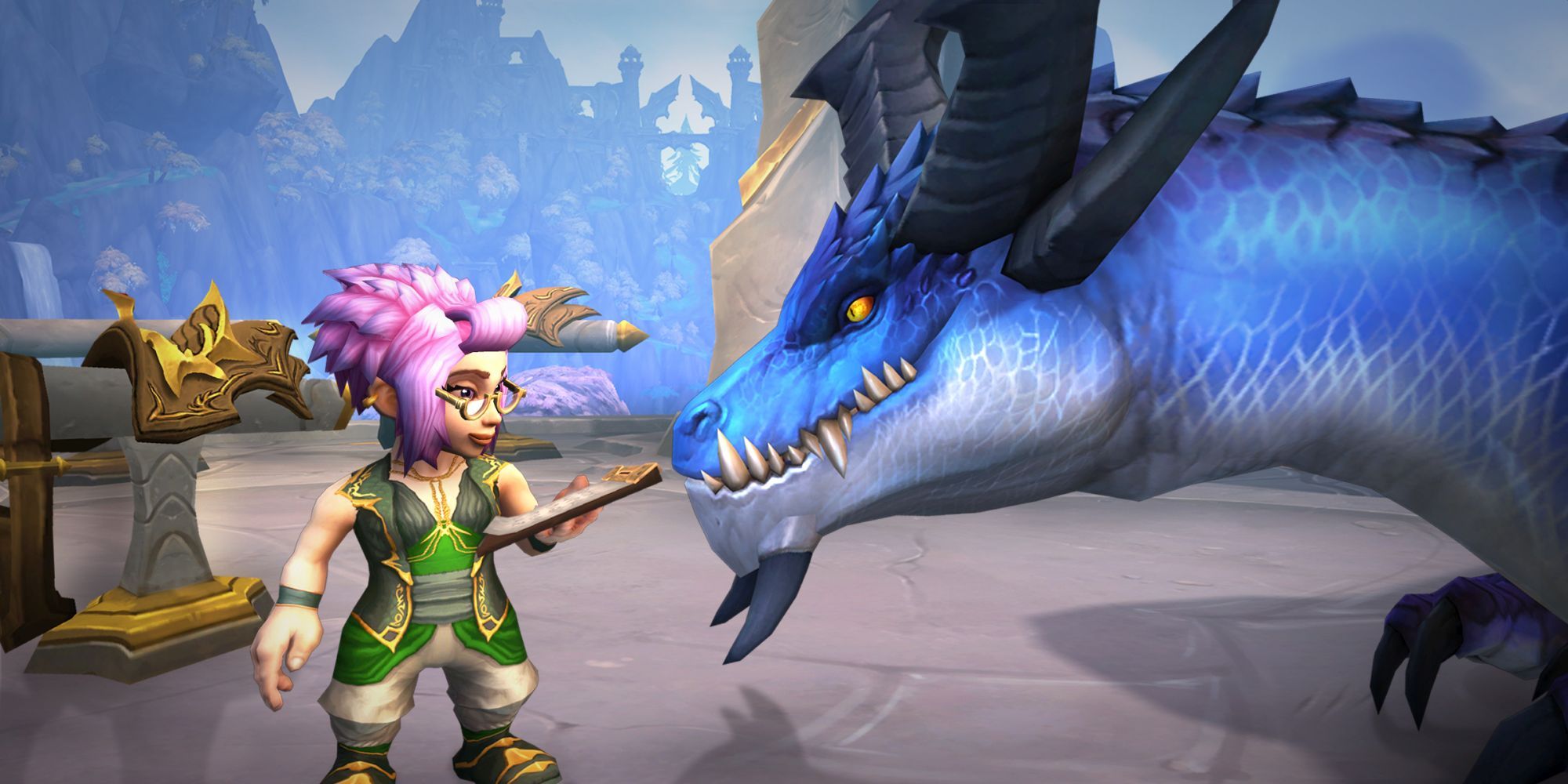 A gnome wearing spectacles speaks to a member of the Blue Dragonflight in World of Warcraft