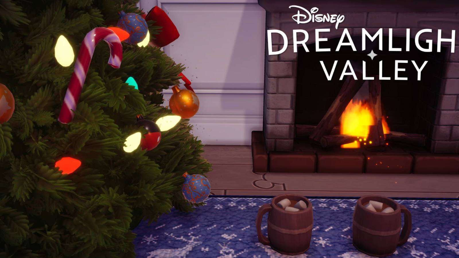 dreamlight valley hot cocoa fireplace christmas tree rug