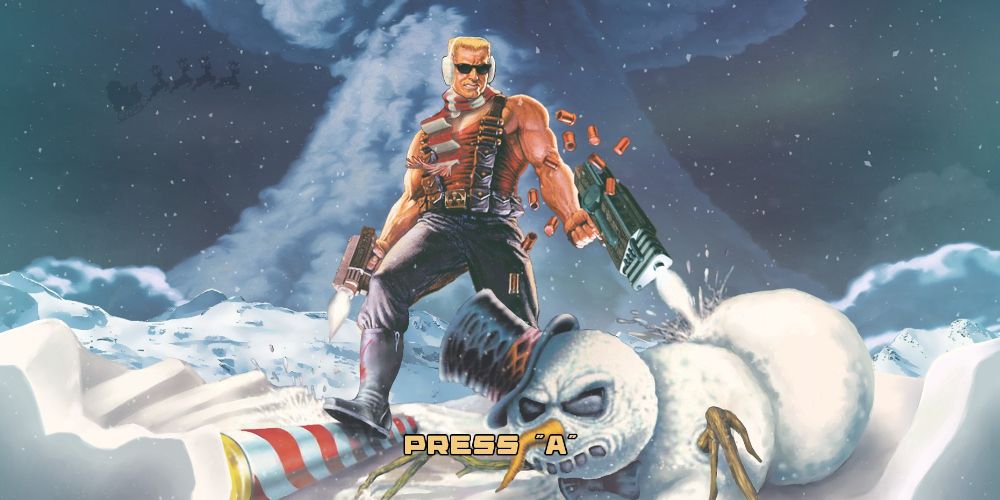 Duke Nukem in earmuffs and a scarf, with his right foot on the North Pole, shooting an angry-looking snowman on the ground. Image source: nosolobits.com
