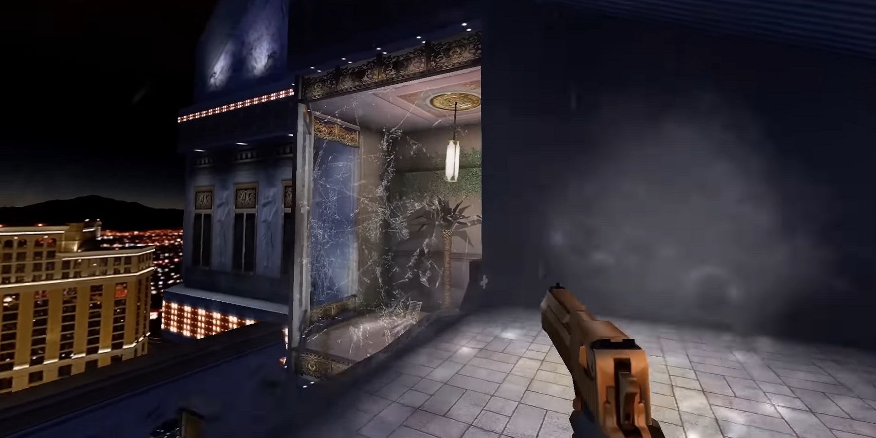 Image from the Duke Nukem Forever 2001 restoration project showing Duke firing at a skyscraper window.