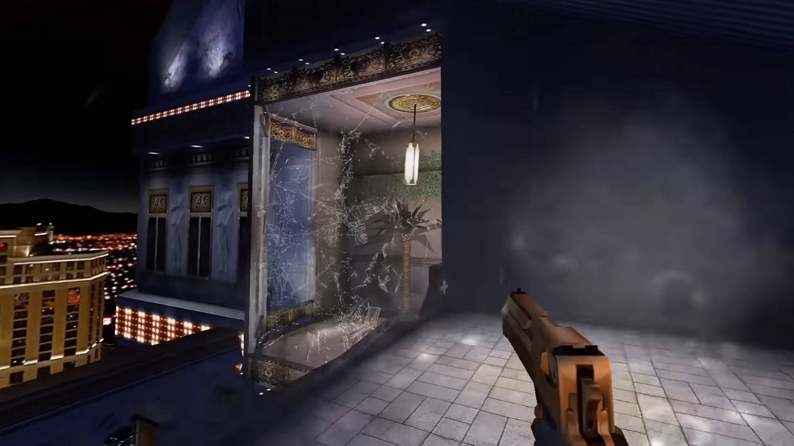 Image from the Duke Nukem Forever 2001 restoration project showing Duke firing at a skyscraper window.