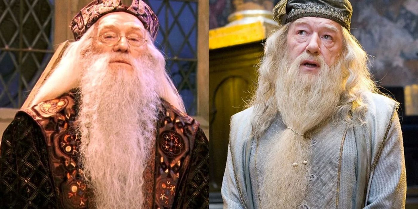 Richard Harris and Michael Gambon as Albus Dumbledore in Harry Potter movies split image