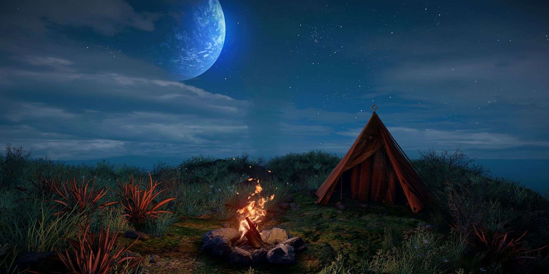 A fire burning at a campsite with a planet seen in the skies in Eastshade